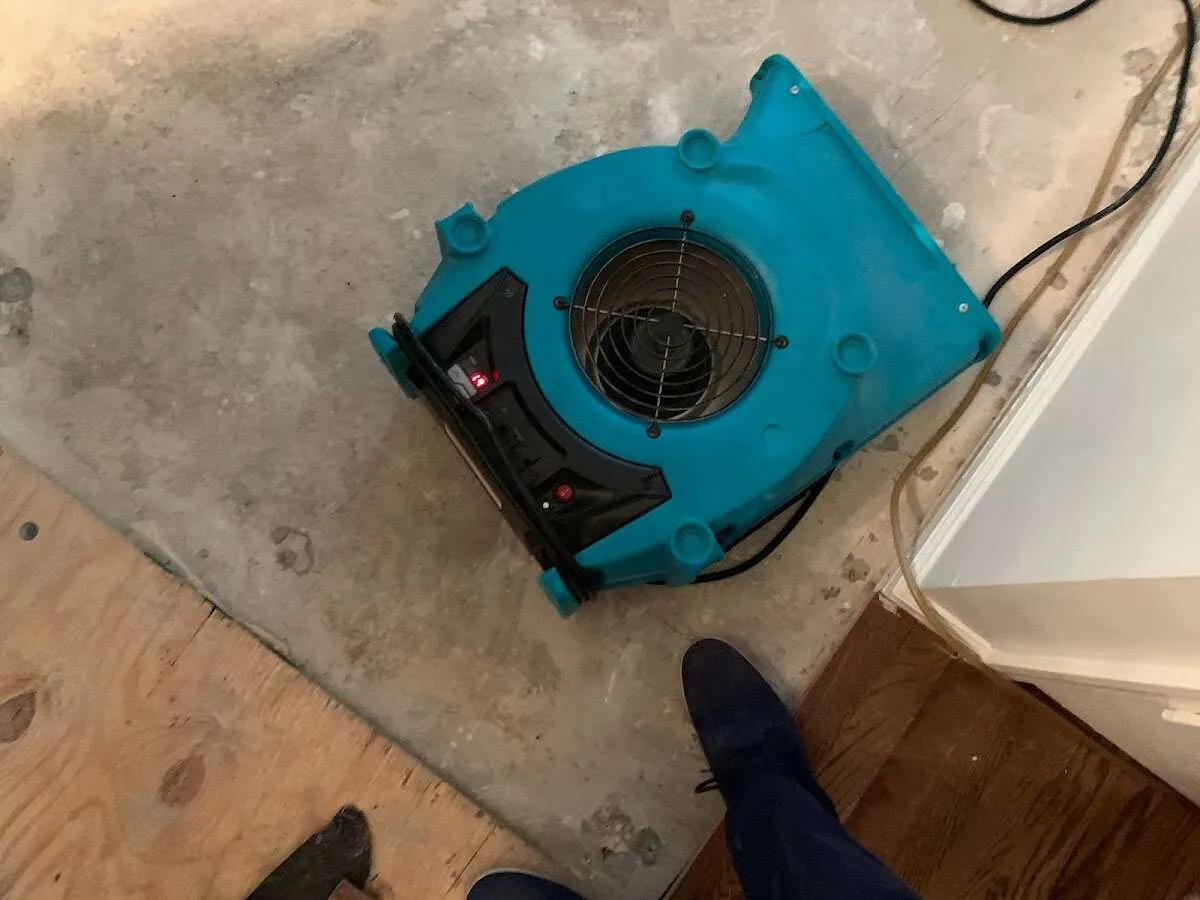 Air mover drying subfloor during Leak Detection & Repair in Morris Plains